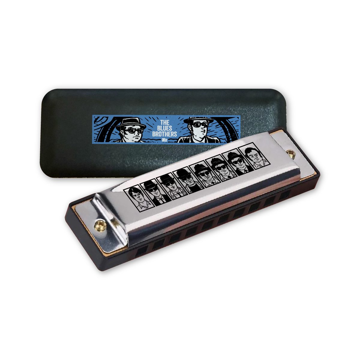 Custom Blues Brothers-branded Harmonica + Case
