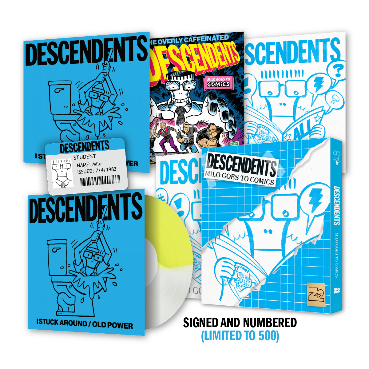 DESCENDENTS: Milo Goes To Comics - Graphic Novel + 7" (Yellow & White) Vinyl Bundle (Signed Platinum Edition)